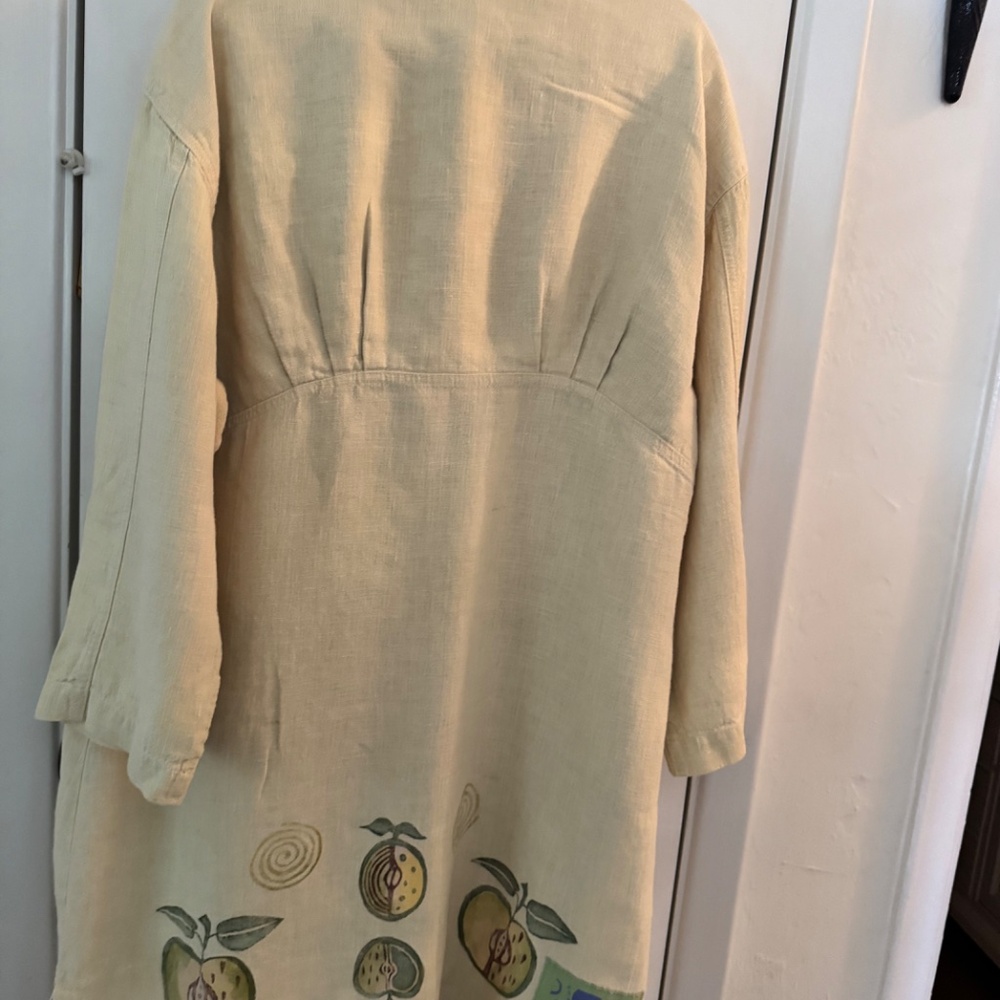 Blue Fish Hemp Linen Duster Jacket Dress Button Down Hand Paint Apples 1999 - Picture 14 of 16